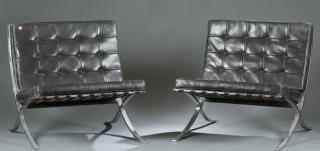 Appraisal: Pair of black leather Barcelona chair A pair of Knoll