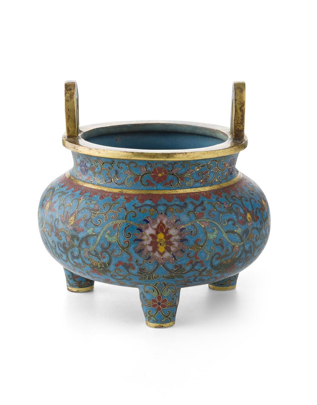 Appraisal: CLOISONN ENAMEL TRIPOD CENSER QIANLONG MARK of flattened globular form