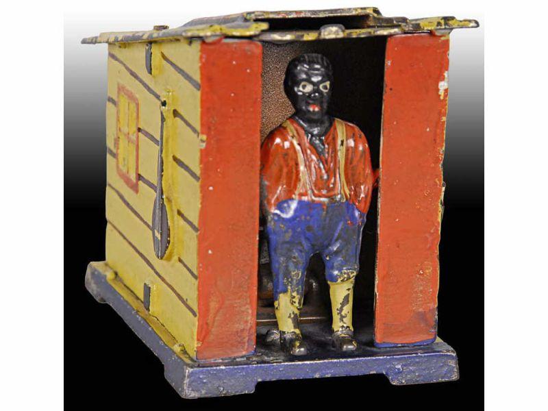 Appraisal: Cabin Cast Iron Mechanical Bank Description Manufactured by J E