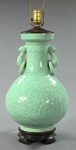 Appraisal: Large Kuang Hsu Bas-Relief-Decorated Celadon Porcelain Ring-Handled Vase fourth quarter