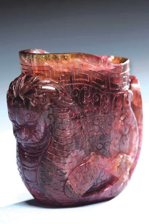 Appraisal: TOURMALINE ARCHAISTIC VESSEL Well carved Chinese tourmaline crystal in the