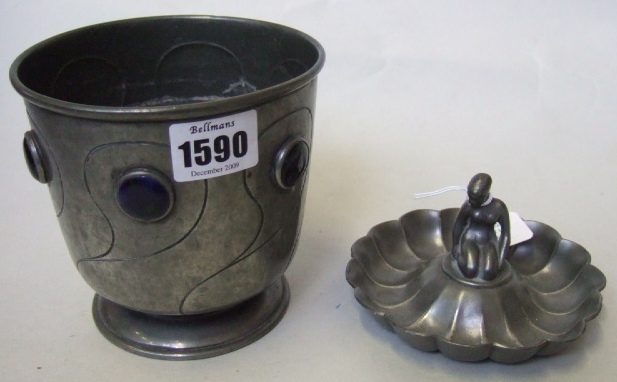 Appraisal: An Arts Crafts style pewter chalice inset with carbochon roundels