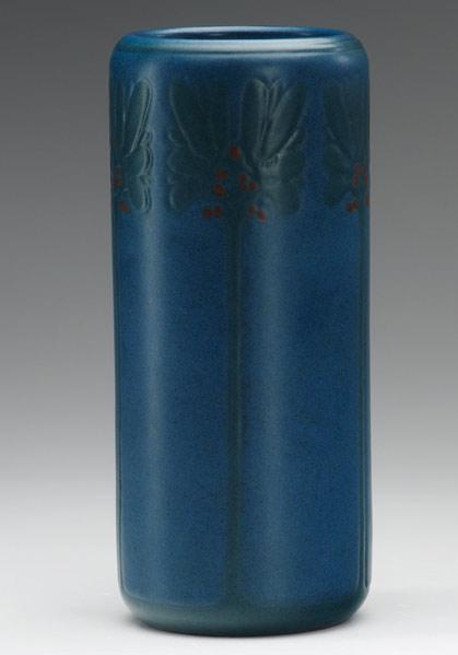 Appraisal: MARBLEHEAD Cylindrical vase carved and painted with stylized trees and