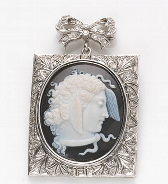 Appraisal: A hardstone diamond and k white gold cameo pendant-brooch