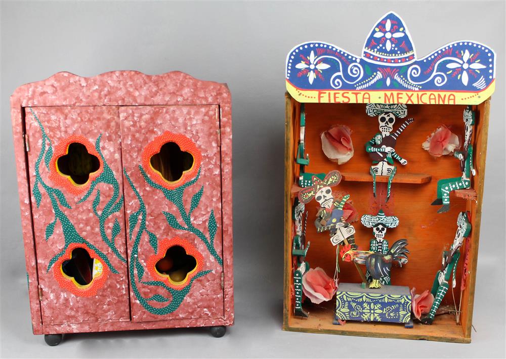 Appraisal: TWO MEXICAN PAINTED WOOD DIORAMAS one titled Fiesta Mexicana with