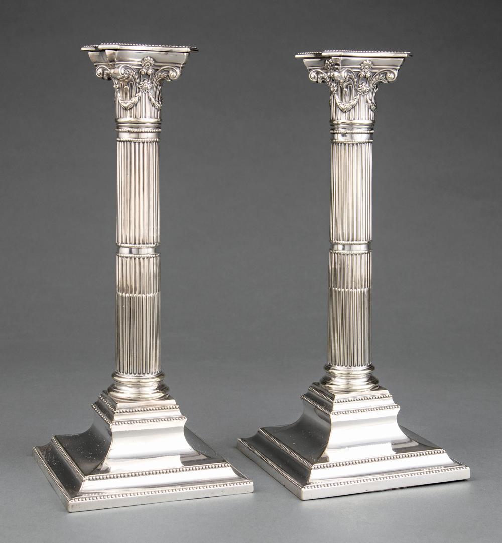 Appraisal: Pair of Antique English Silverplate Corinthian Columnar Candlesticks Hawksworth Eyre