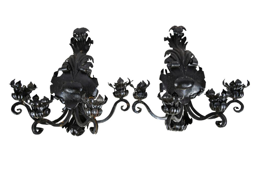 Appraisal: PAIR OF ROCOCO-STYLE PAINTED TOLE SCONCESeach with four candle arms