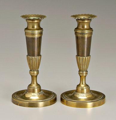 Appraisal: Pair heavy brass candlesticks reeded and tapered shafts circular bases