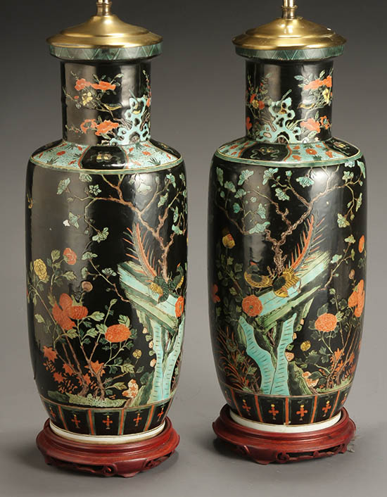 Appraisal: Pair of Chinese 'Famille Noir' Rouleau Vases th Century Each