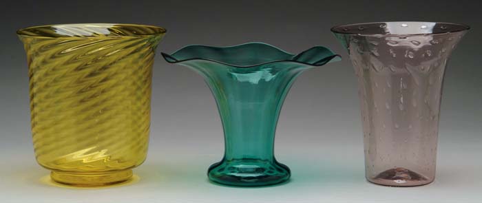 Appraisal: THREE COLORED CRYSTAL ART GLASS VASES Green flaring vase with