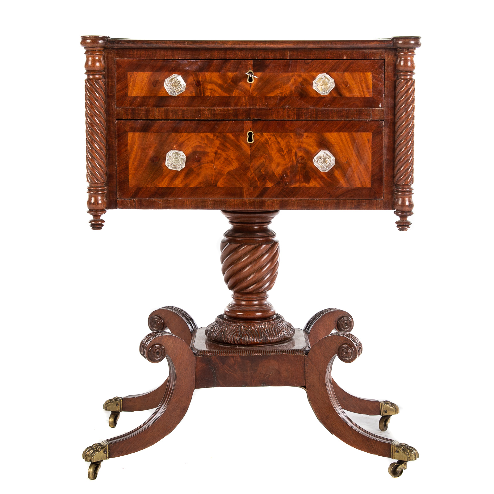 Appraisal: AMERICAN CLASSICAL MAHOGANY SEWING STAND Philadelphia Pennsylvania circa banded mahogany