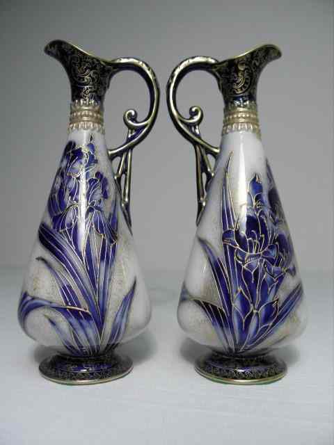 Appraisal: Pair of Doulton Burslem hand painted porcelain ewers Flow blue