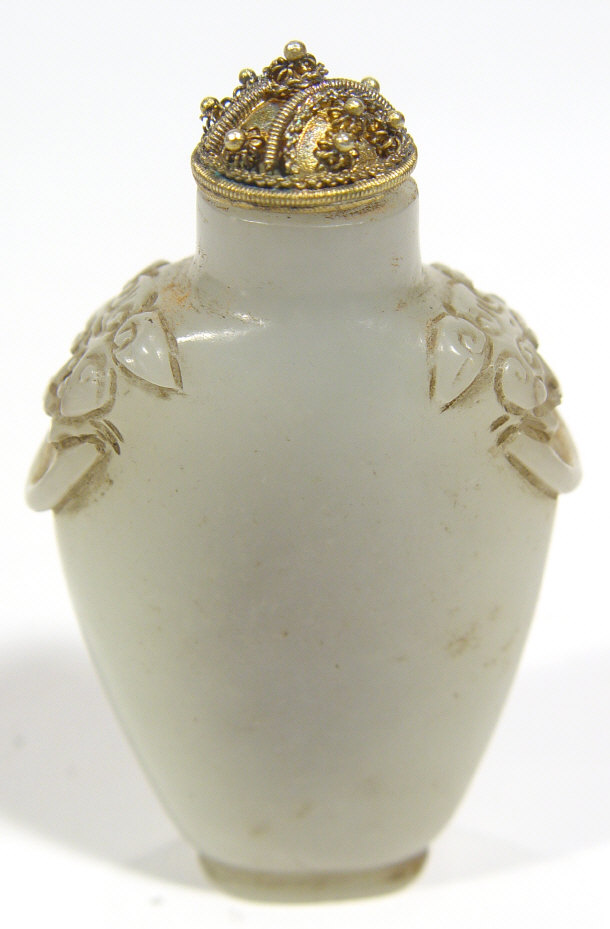 Appraisal: Chinese pale grey nephrite jade snuff bottle with filigree metal