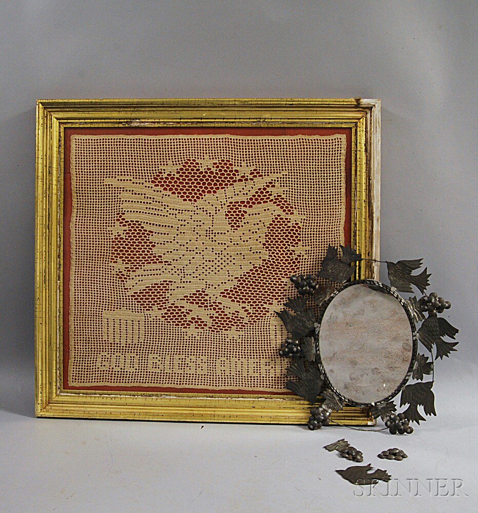 Appraisal: Tin-framed Mirror and a Patriotic Crocheted Doily Estimate - Mirror