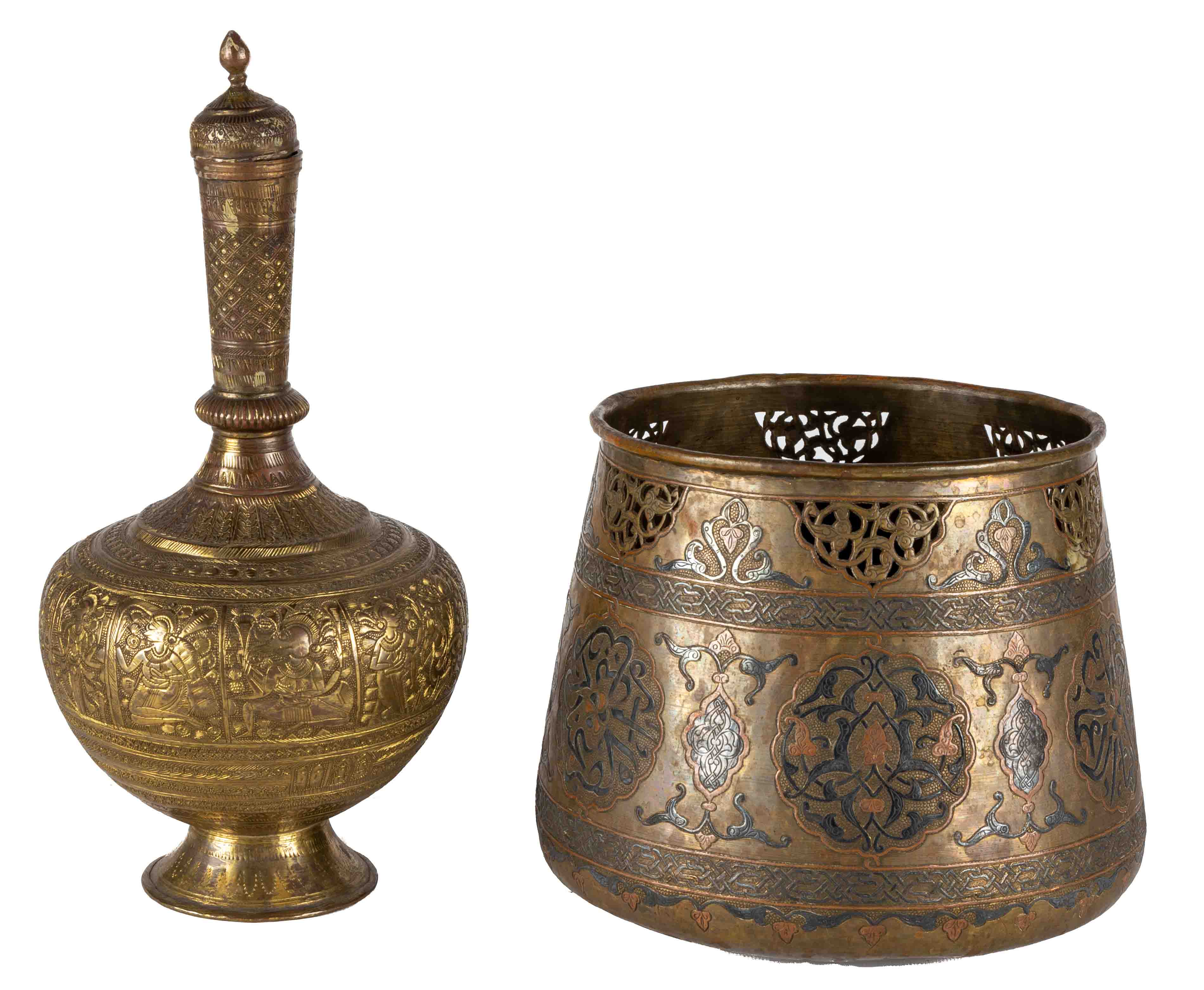 Appraisal: INDO PERSIAN MIXED METAL BOWL AND DECANTER Indo Persian Mixed