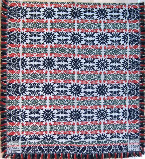 Appraisal: Pennsylvania red white green and blue jacquard coverlet inscribed C