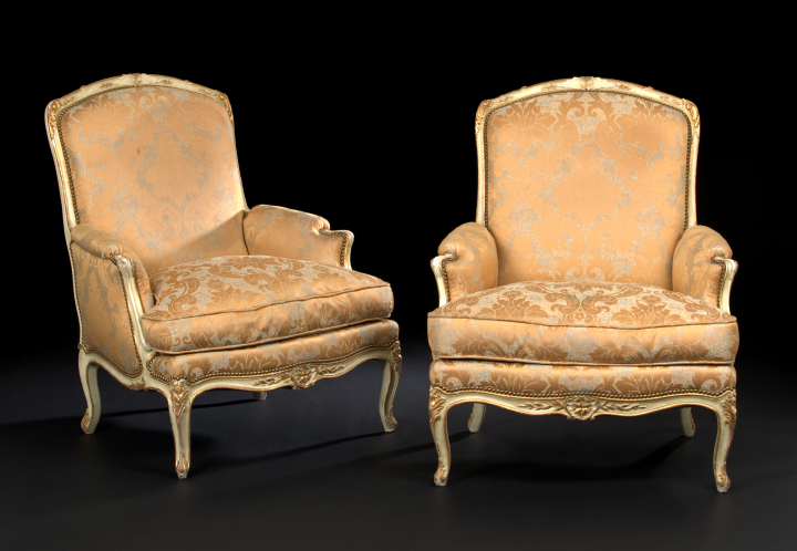 Appraisal: Pair of Louis XV-Style Polychromed and Giltwood Bergeres fourth quarter