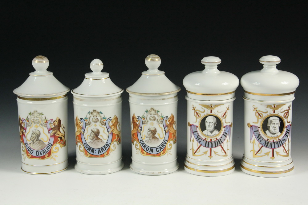 Appraisal: APOTHECARY JARS - 'Portrait' Jars in groups of two and