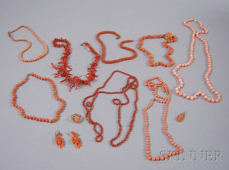 Appraisal: Group of Coral Jewelry including six beaded necklaces a strand