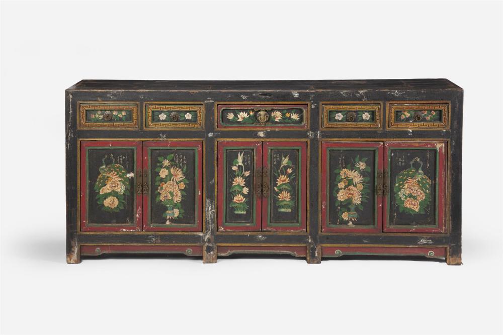 Appraisal: A Chinese carved and polychromed wood credenza th Century With