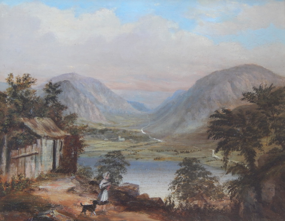 Appraisal: th Century British School River mountain landscape with maiden and