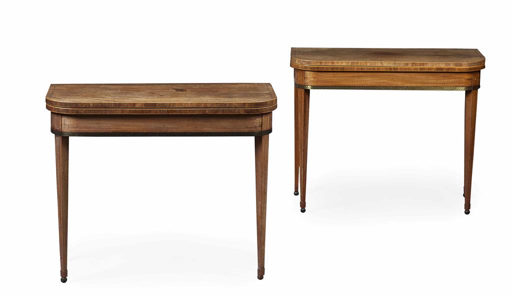 Appraisal: PAIR OF REGENCY MAHOGANY EBONY AND BRASS INLAID FOLDOVER TEA