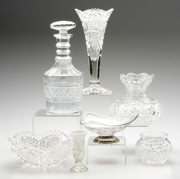 Appraisal: CUT GLASS Seven pieces two vases decanter bowl jar pressed