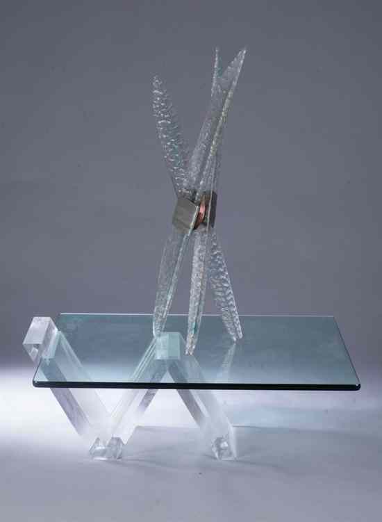 Appraisal: CONTEMPORARY LUCITE AND GLASS LOW TABLE WITH GLASS AND WOVEN