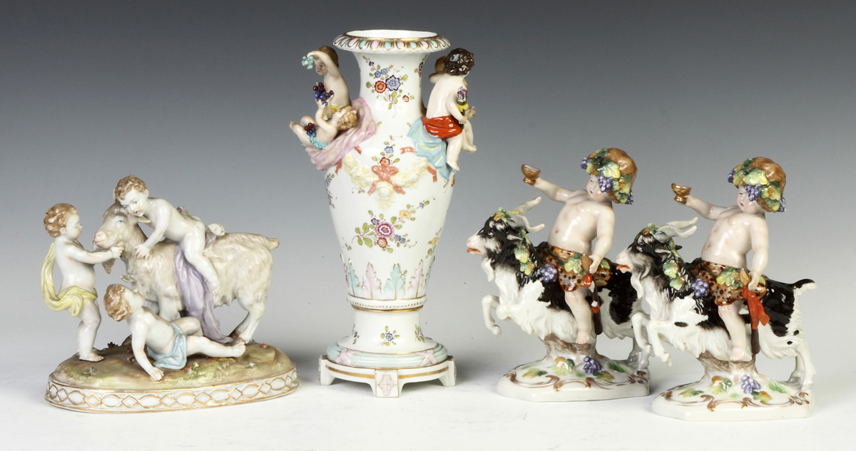 Appraisal: Group of German Hand Painted Porcelain L to R Cherubs