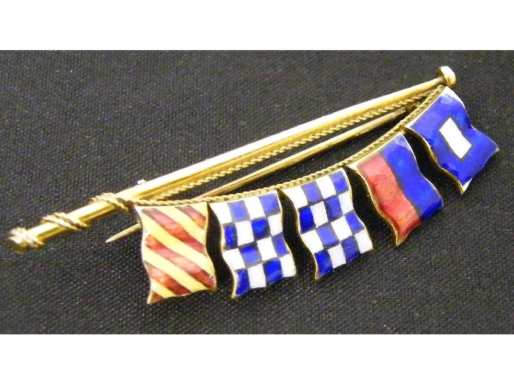 Appraisal: Benzie of Cowes ct and enamel sailing flag brooch stamped