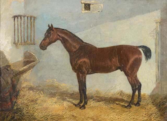 Appraisal: th Century English SchoolChestnut brown horse in stable oils on