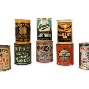 Appraisal: A Group of Eight Salted Peanut Tins includes a Pansies