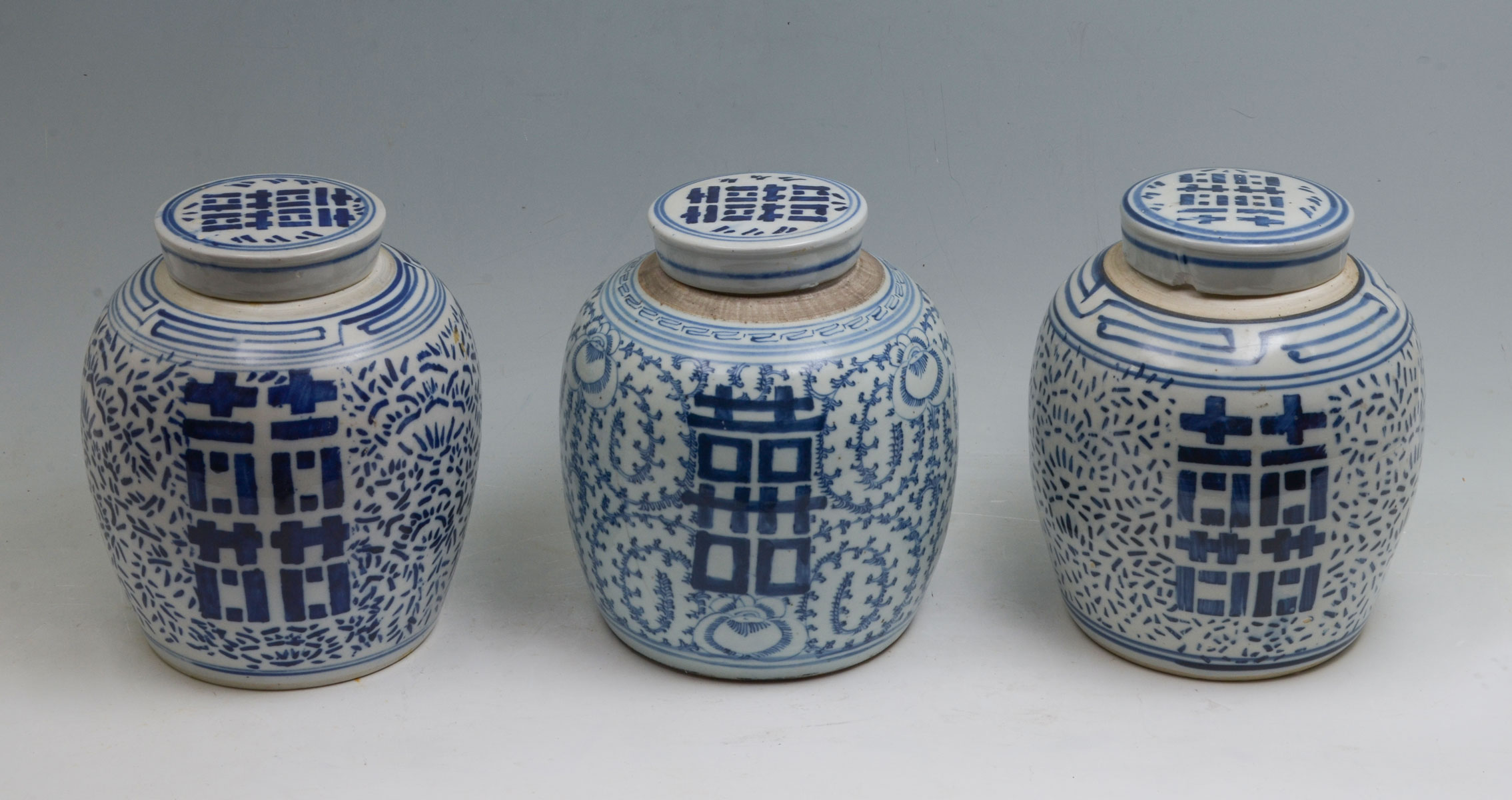 Appraisal: PC CHINESE BLUE WHITE GINGER JARS Chinese porcelain double happiness