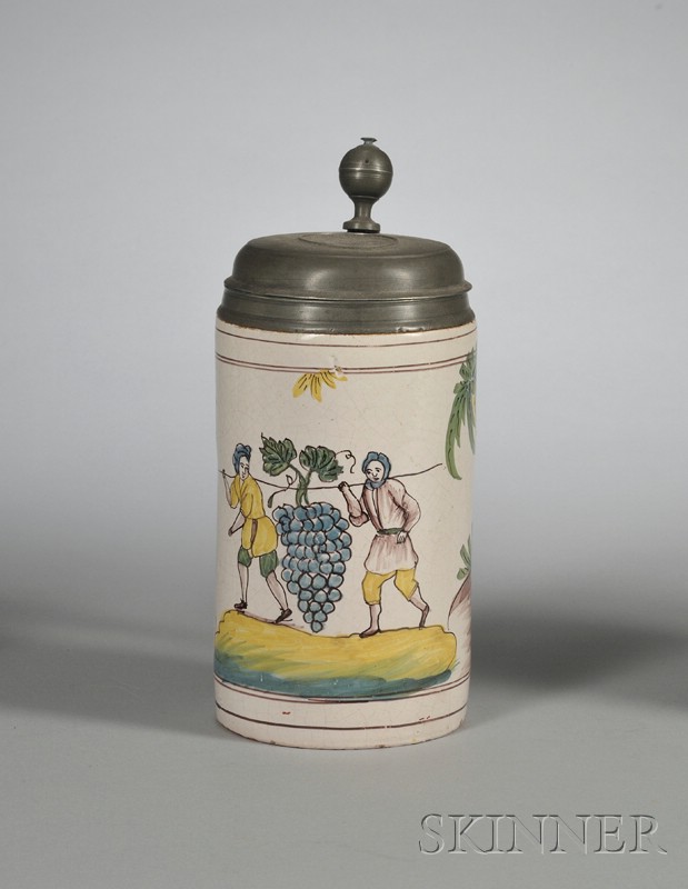 Appraisal: Dresden Tin Glazed Tankard Germany th century cylindrical shape polychrome