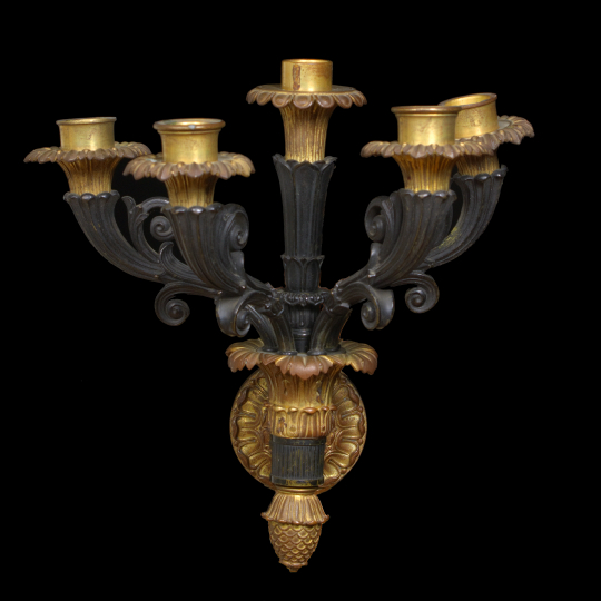 Appraisal: Near-Pair of Restauration Patinated and Gilt-Lacquered Bronze Five-Light Appliques second