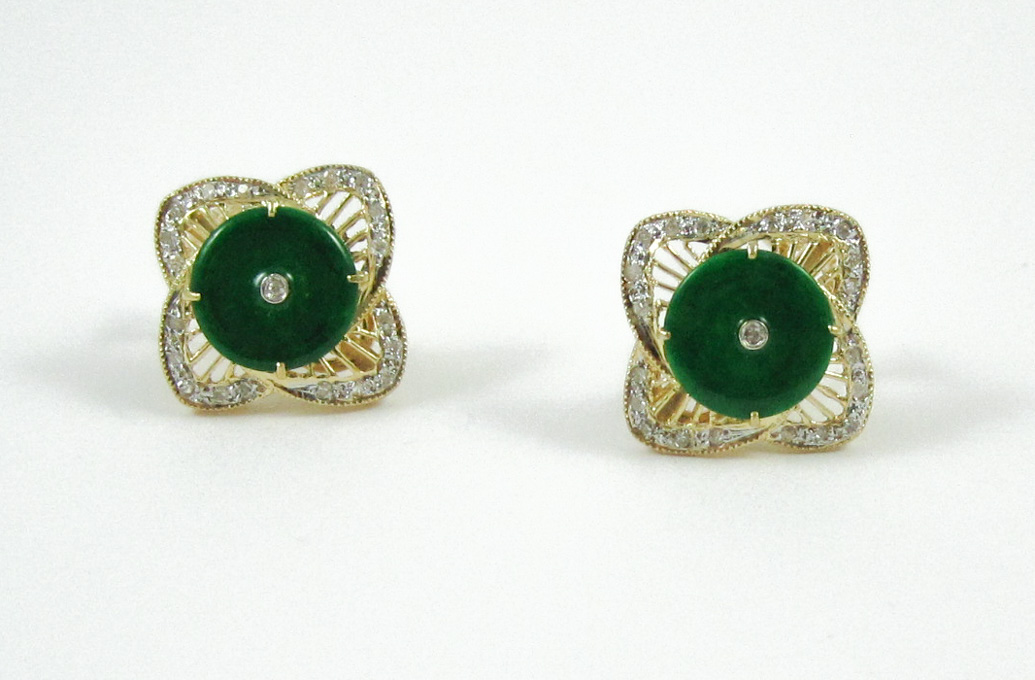 Appraisal: PAIR OF GREEN JADE AND DIAMOND EARRINGS each k yellow