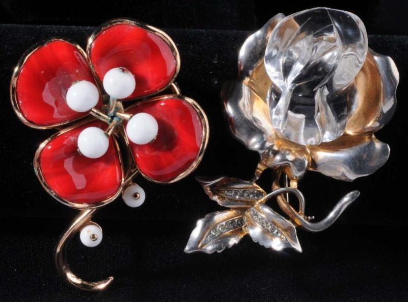 Appraisal: Signed Trifari Flower Unsigned Lucite Rose Pins Description Some green