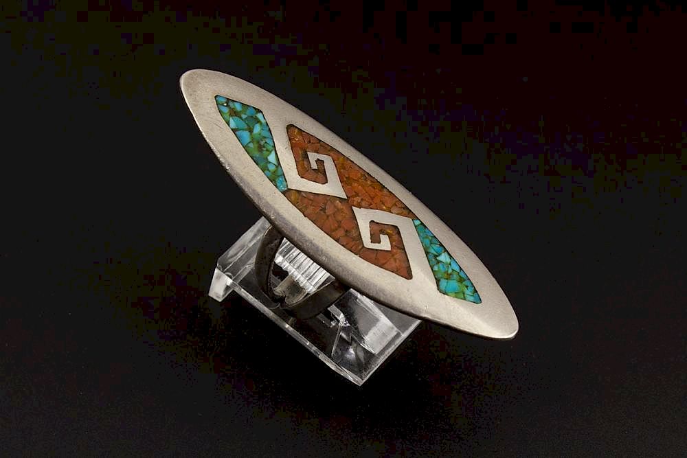 Appraisal: Navajo Chip inlay Ring Early Tommy Singer Turquoise Coral Sterling