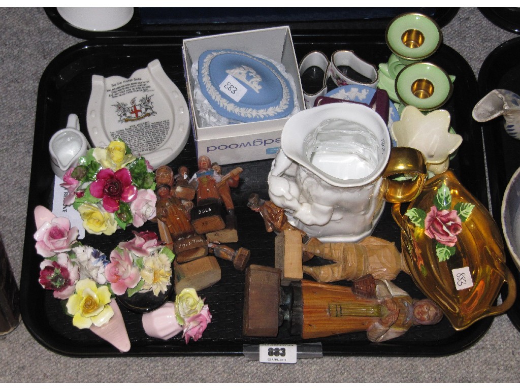 Appraisal: Two trays comprising commemorative wares wooden figures posies Wedgwood etc