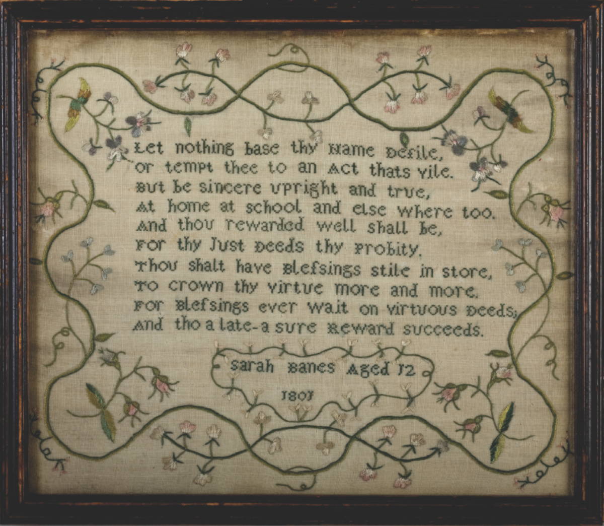 Appraisal: SARAH BANES NEEDLEWORK SAMPLER DATED AGED Height of frame inches