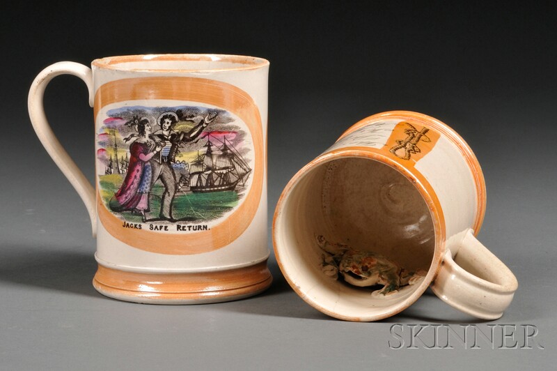 Appraisal: Two Sunderland Orange Lustre Transfer-decorated Frog Mugs England th century