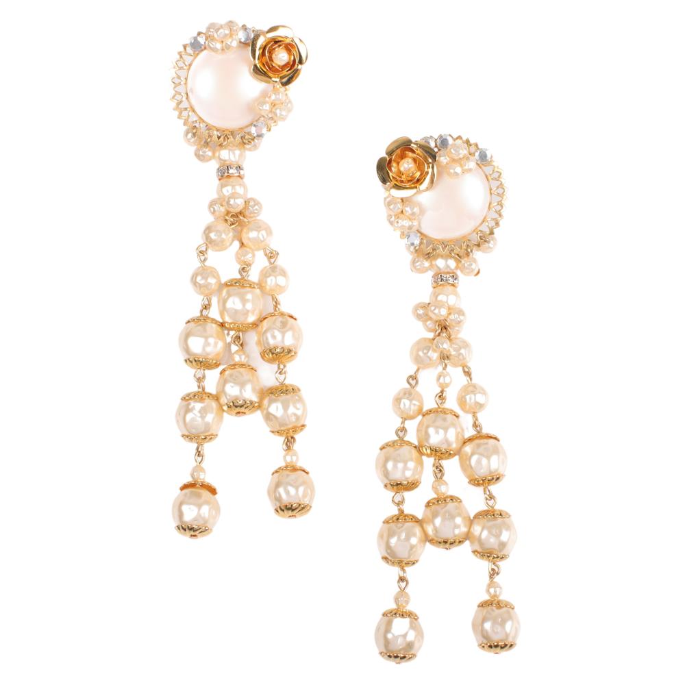 Appraisal: MIRIAM HASKELL FAUX PEARL SHOULDER DUSTER DANGLE EARRINGS WITH GOLD