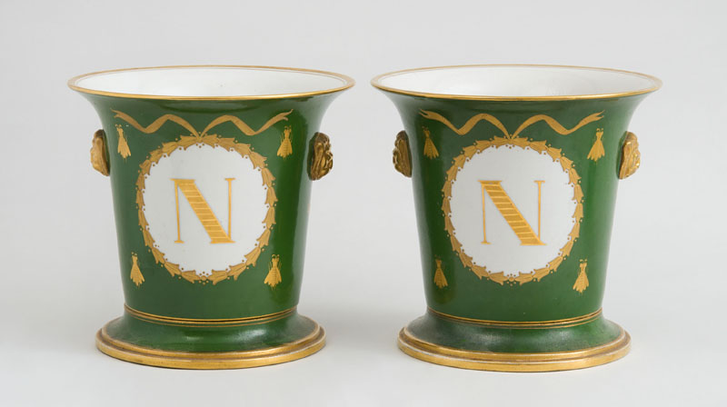 Appraisal: PAIR OF FRENCH EMPIRE STYLE PORCELAIN GREEN AND GILT-PAINTED CACHE