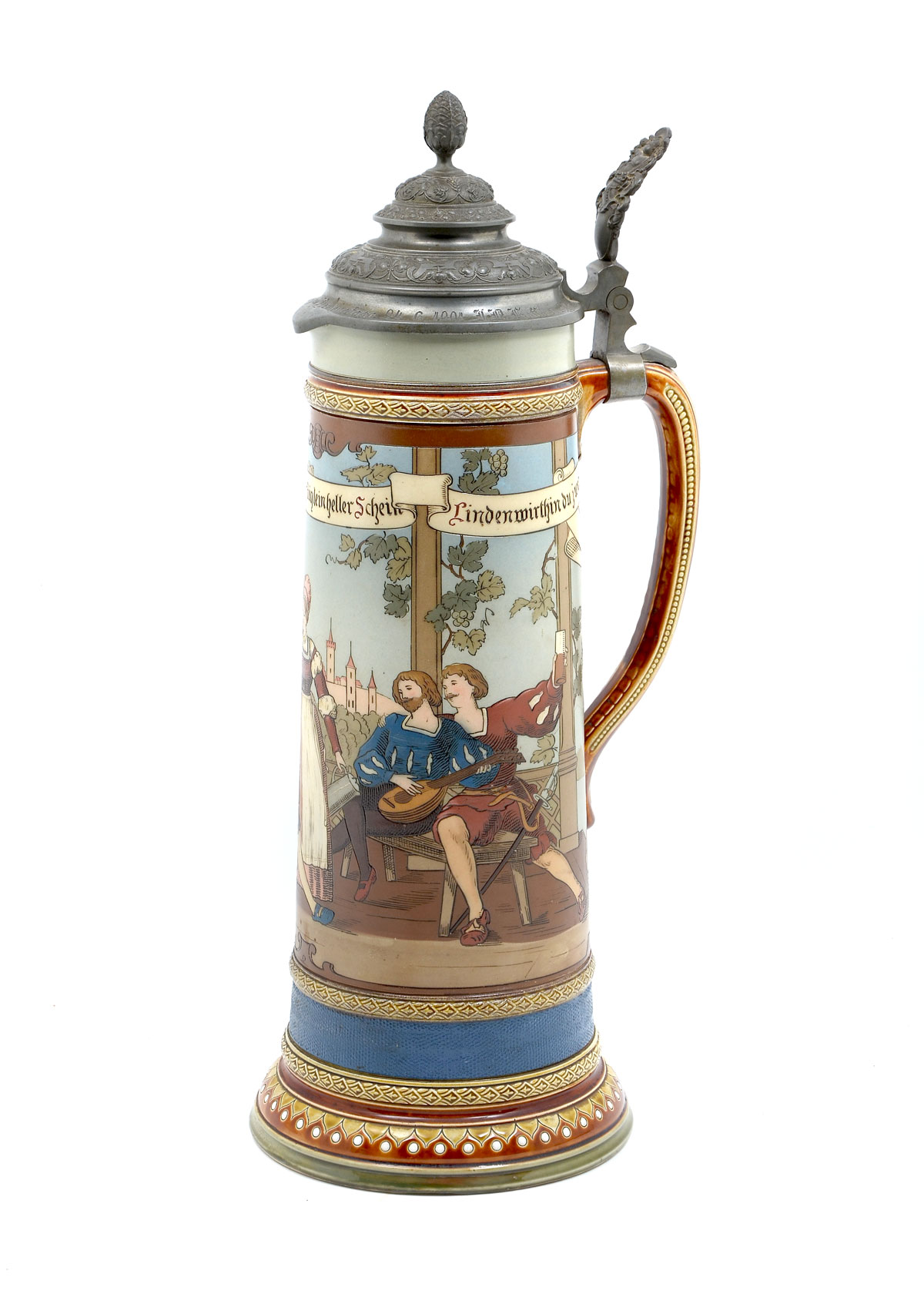 Appraisal: LARGE CAVALIERS BARMAID METTLACH STEIN Circa stein having an exterior