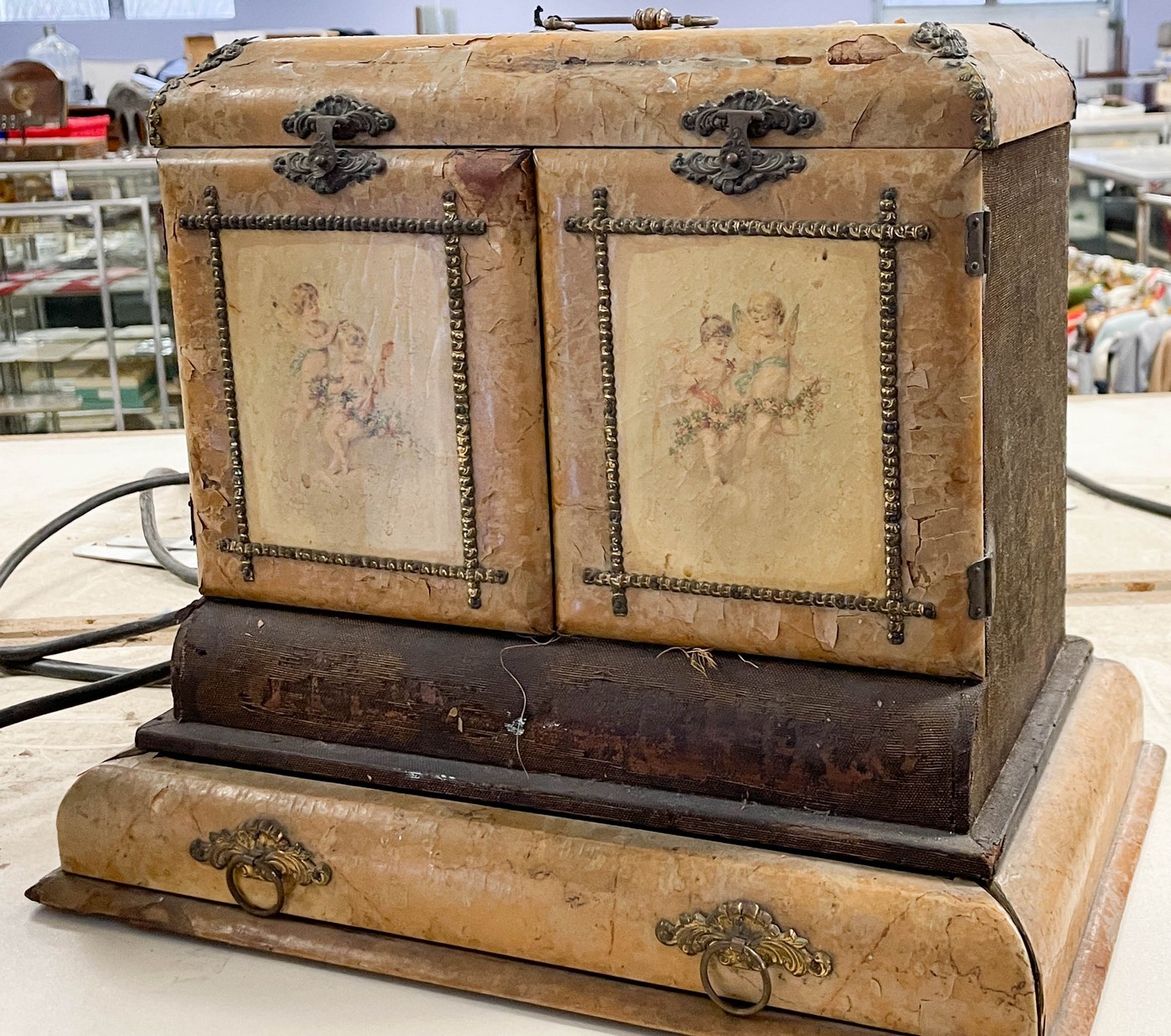 Appraisal: Antique jewelry chest lift lid double doors open to reveal