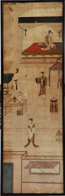 Appraisal: CHINESE SCHOOLFragment from a larger painting figures in an interior