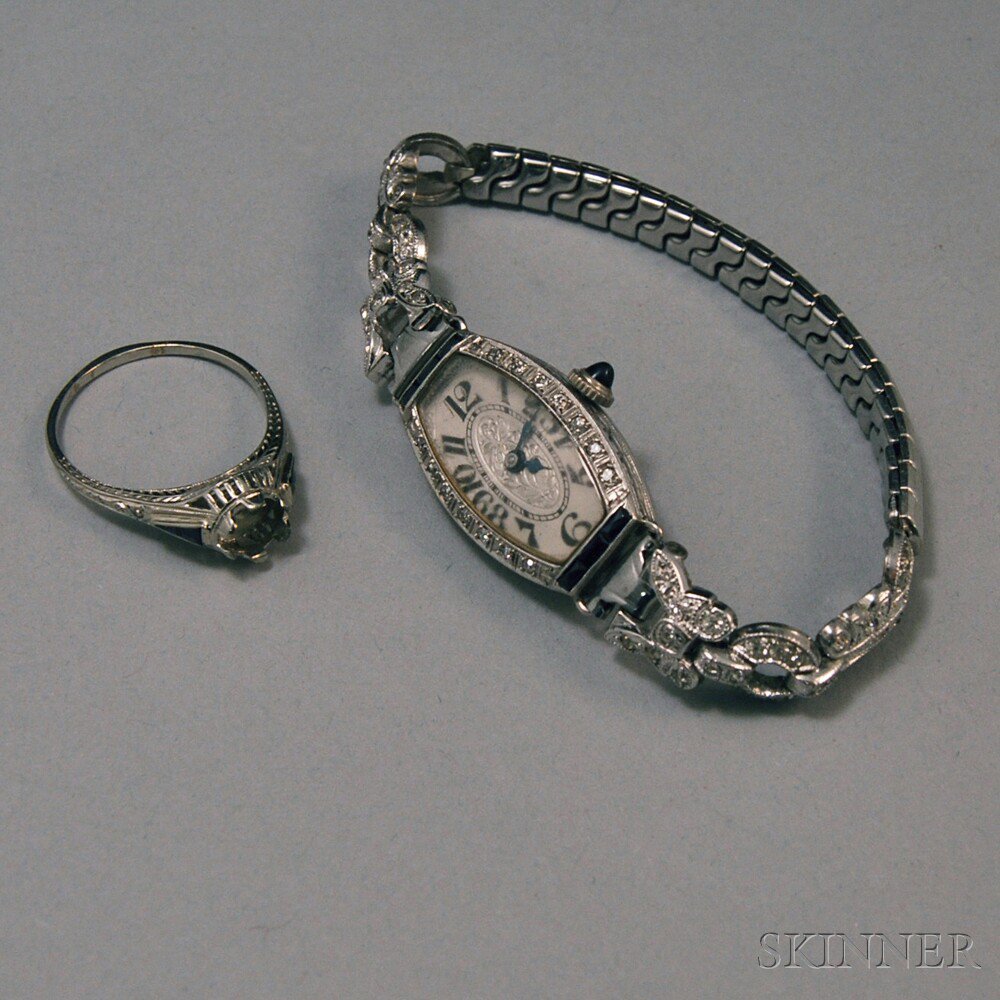 Appraisal: Two Pieces of Art Deco Jewelry a platinum sapphire and