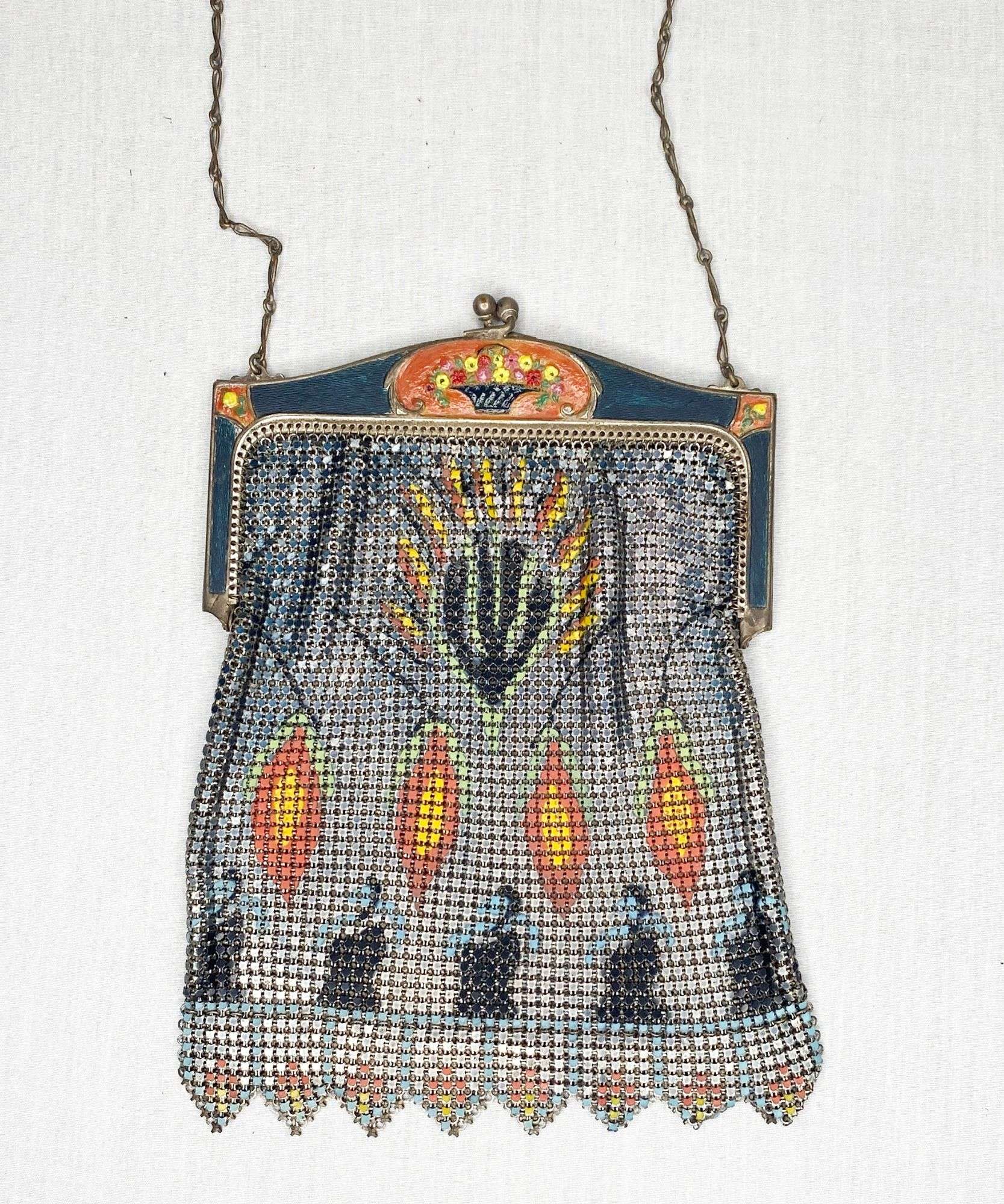 Appraisal: Art Deco Whiting Davis Enameled Mesh Hand Bag long wide