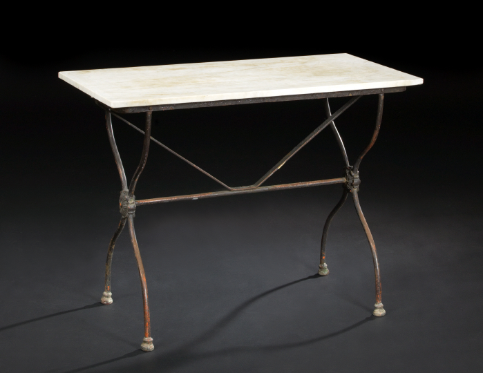 Appraisal: French Wrought-Iron and Marble-Top Conservatory Table late th century the