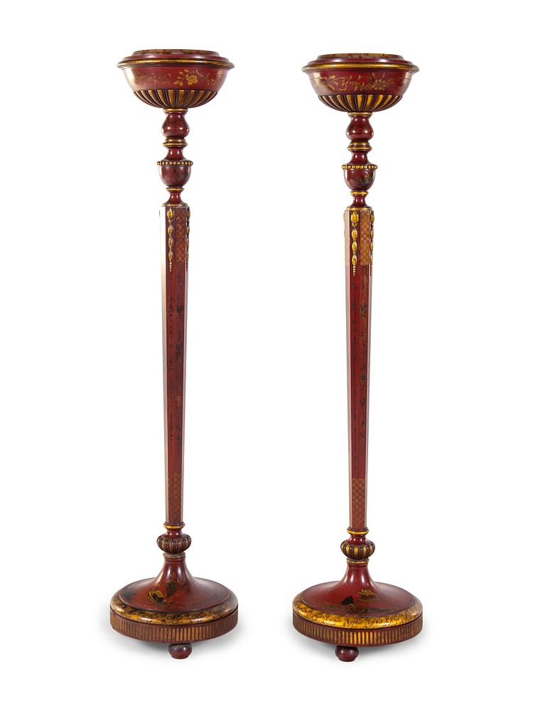 Appraisal: A Pair of English Lacquered and Chinoiserie Decorated Torcheres A